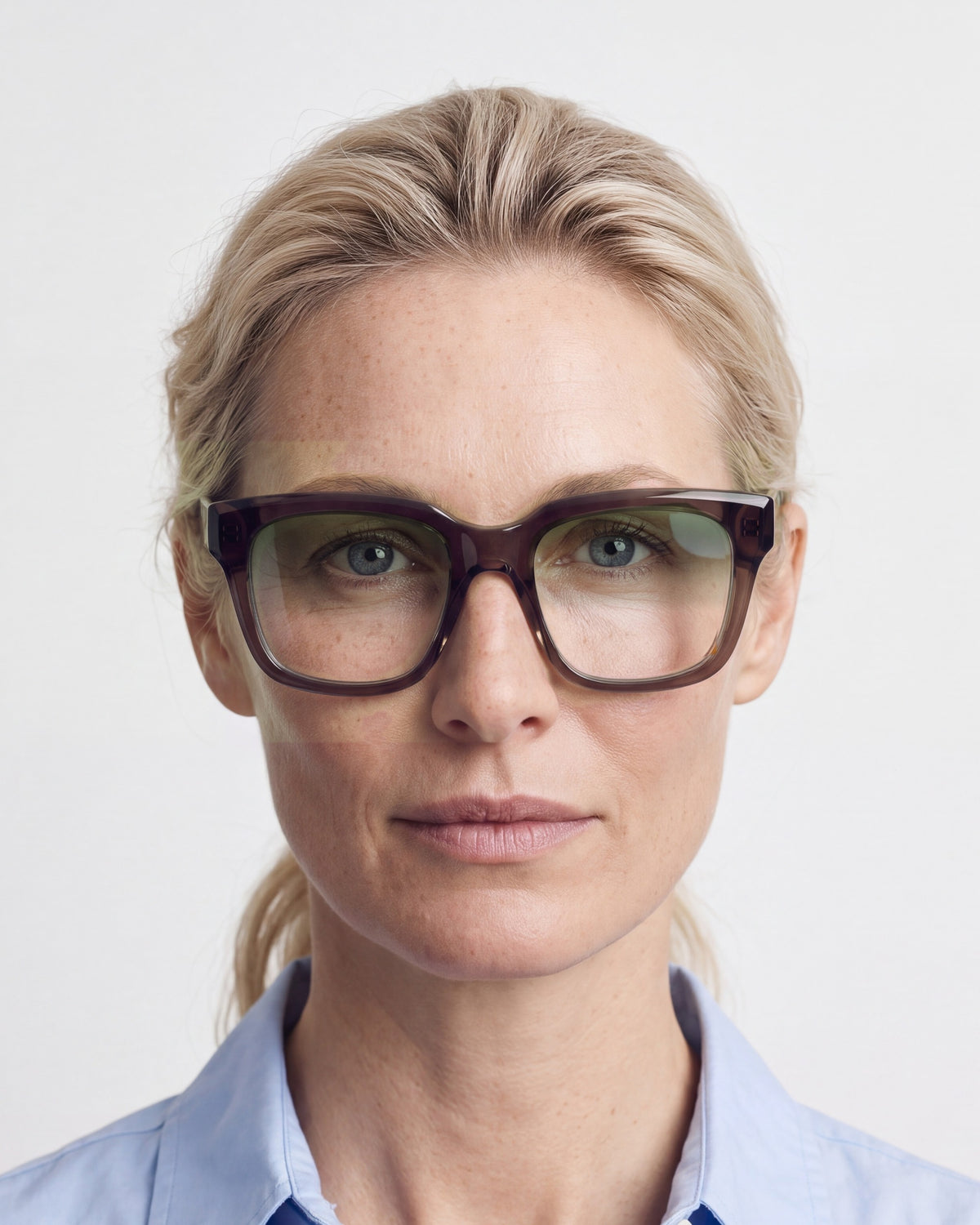 Therese in dark brown, worn, Sage lenses